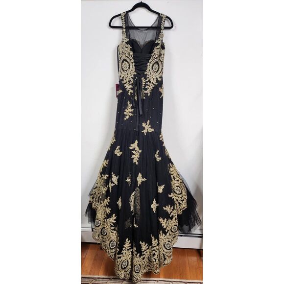 Abby Paris Tulle w/Embroidery Formal Gown Dress Black & Gold Size 4 - Picture 6 of 11